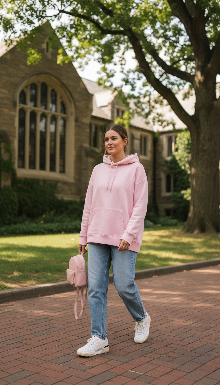Woman wearing pastel pink hoodie with light blue baggy jeans and New Balance sneakers