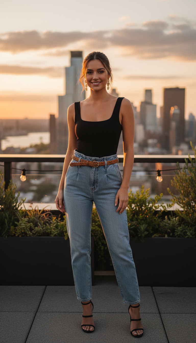 Woman wearing black bodysuit with light blue paperbag jeans and strappy heels at rooftop bar