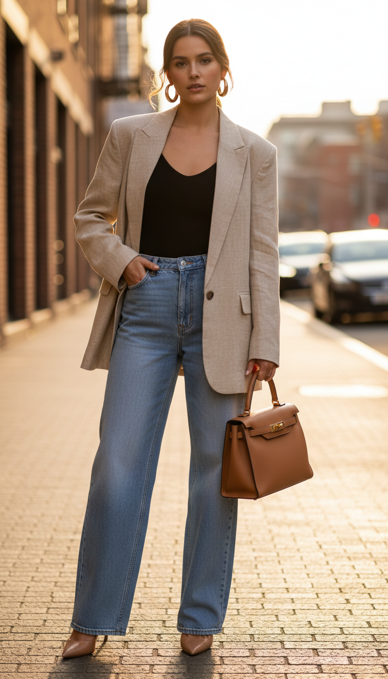 Woman wearing beige oversized blazer with light blue wide leg jeans and nude heels