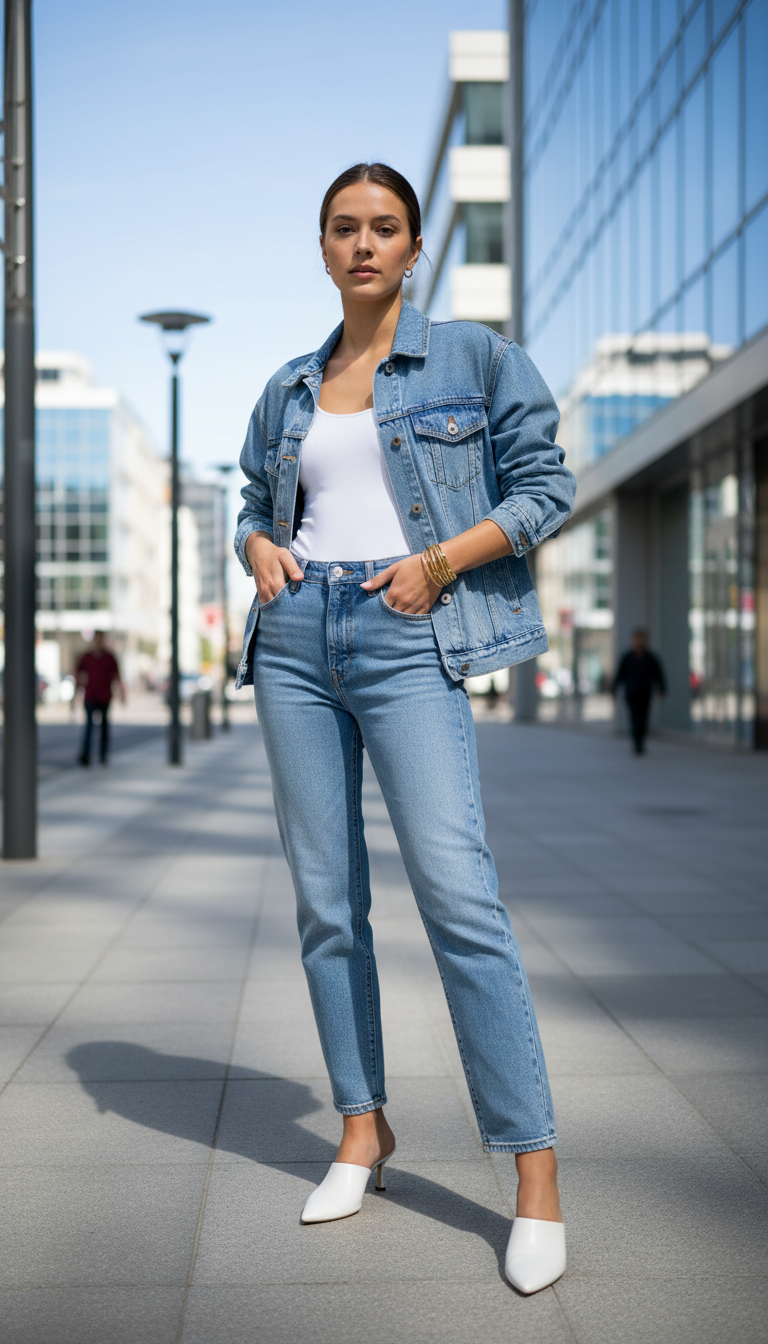 Woman wearing denim jacket with light blue straight leg jeans in double denim look