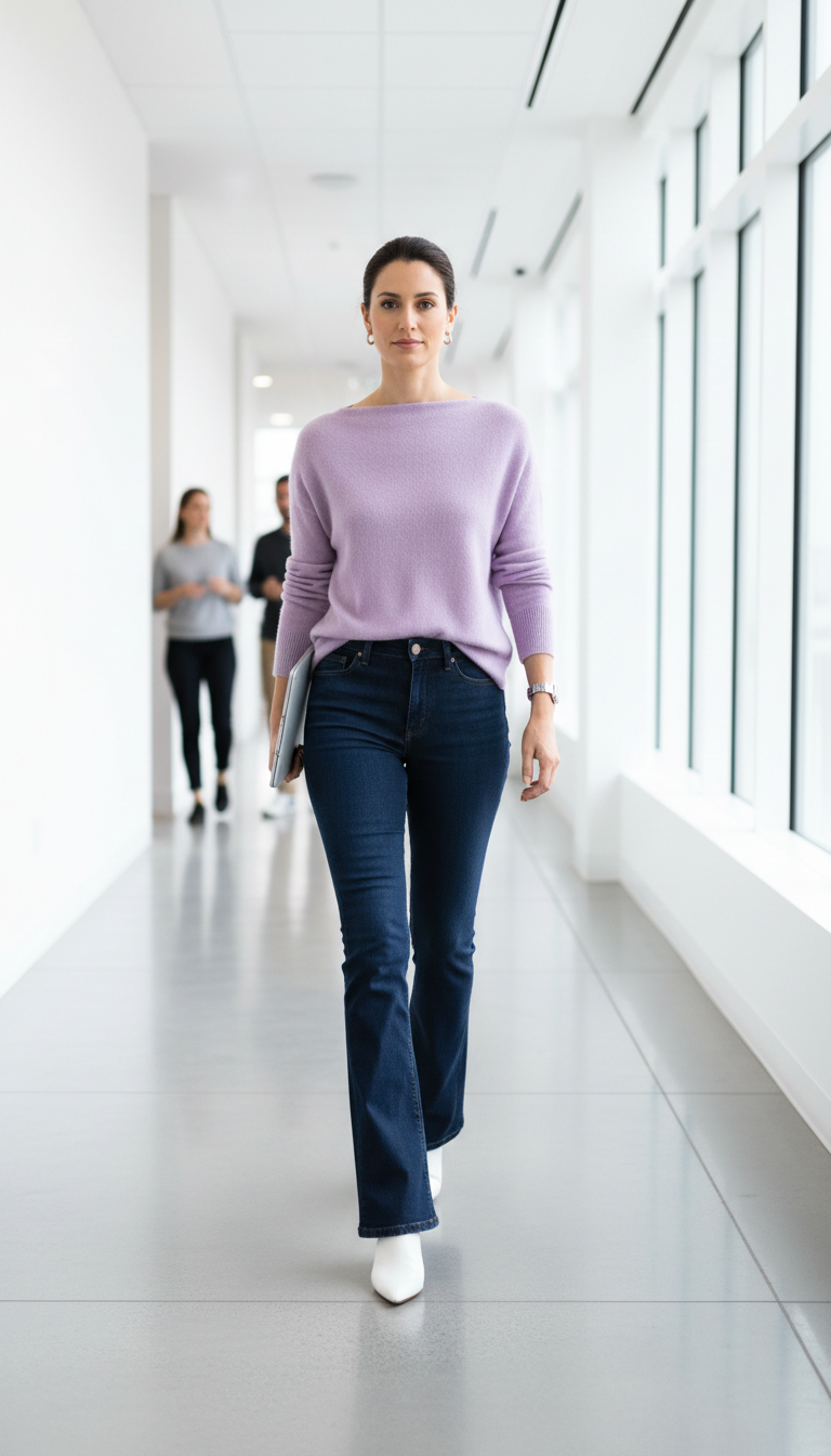 Blue jeans work outfit: Lavender Cashmere & Flared Denim