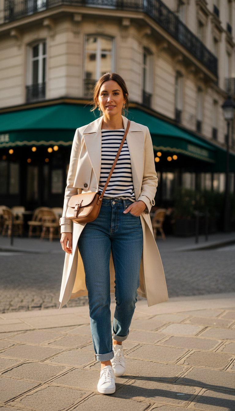 Blue jeans work outfit: Breton Stripes & Trench Coat