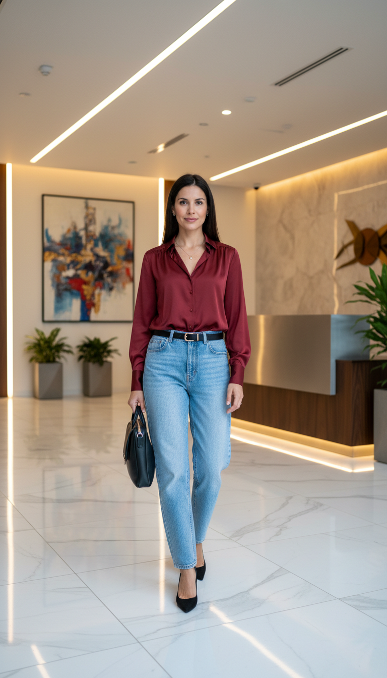 Blue jeans work outfit: Burgundy Silk Blouse & Relaxed Jeans