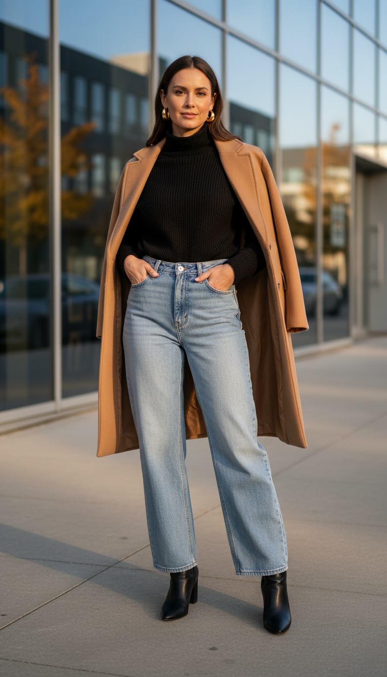 Blue jeans work outfit: Wide-Leg Jeans & Black Turtleneck