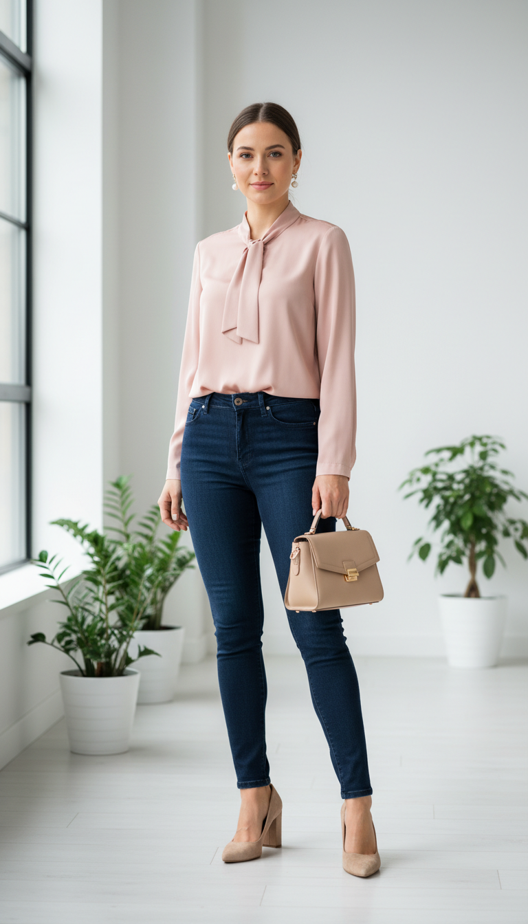 Blue jeans work outfit: Blush Pink Blouse & Indigo Skinnies