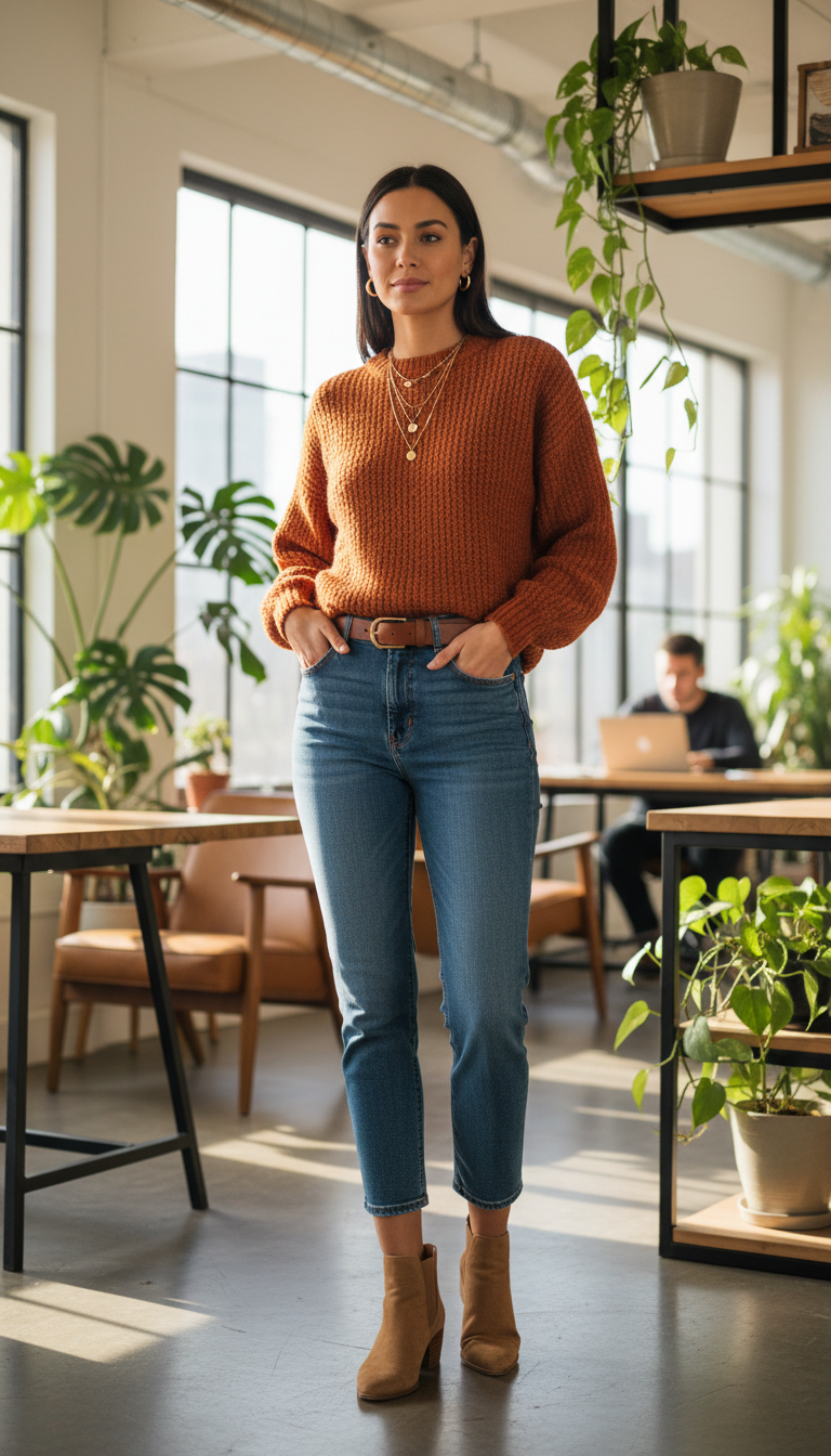 Blue jeans work outfit: Rust Knit Sweater & Cropped Jeans