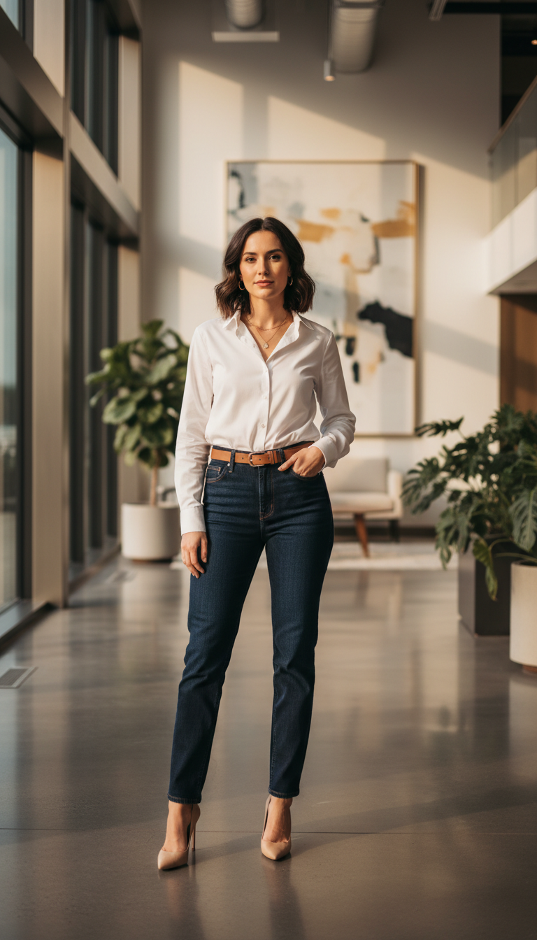 Blue jeans work outfit: The Classic White Shirt & Dark Jeans