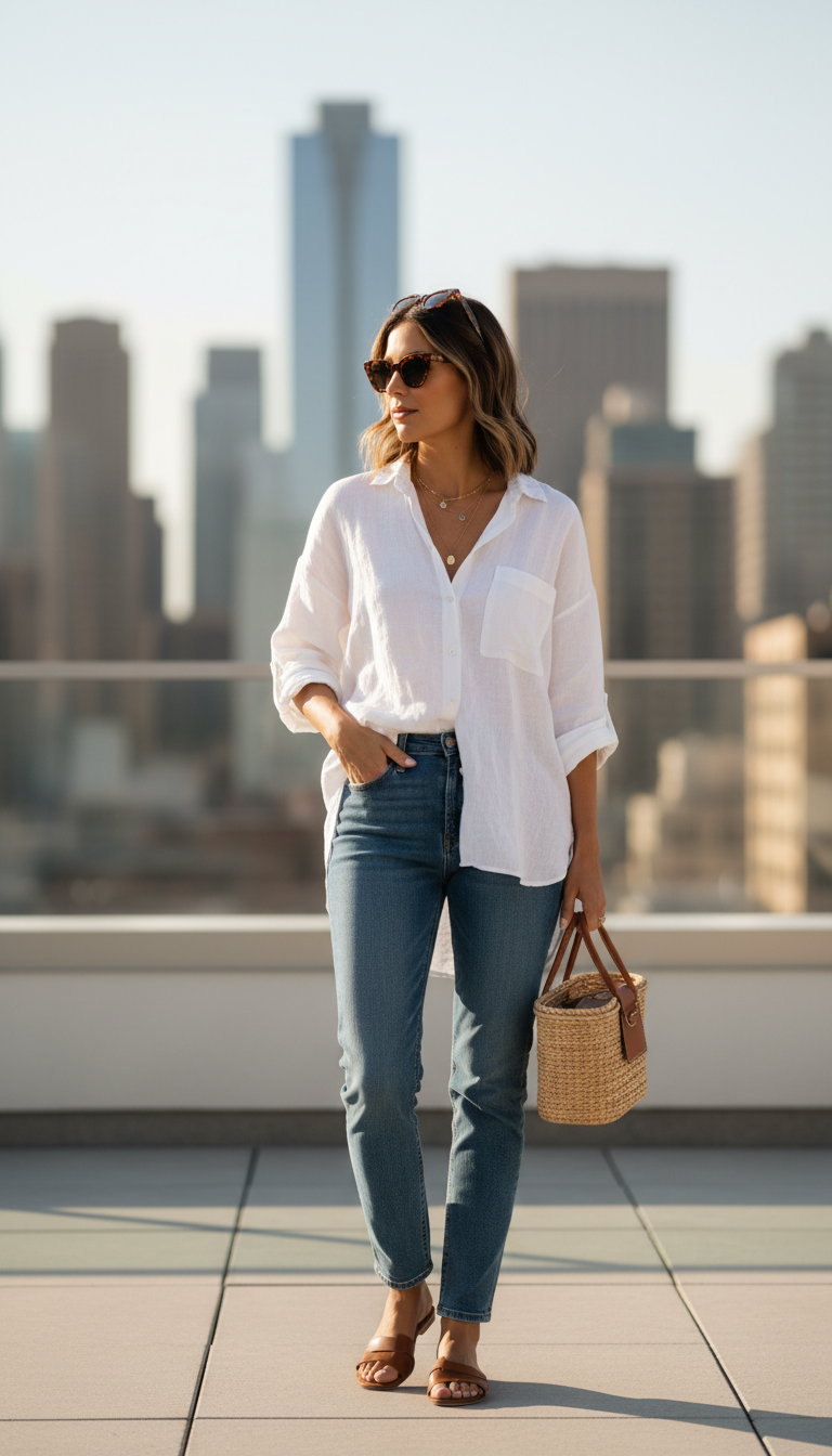 Blue jeans work outfit: Oversized Linen Shirt & Casual Friday Jeans