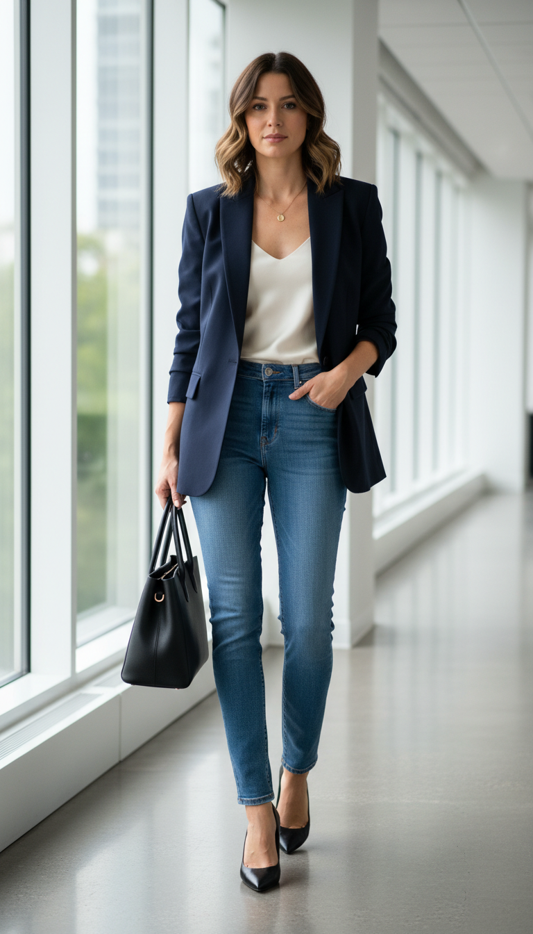 Blue jeans work outfit: Navy Blazer Over Cream Camisole