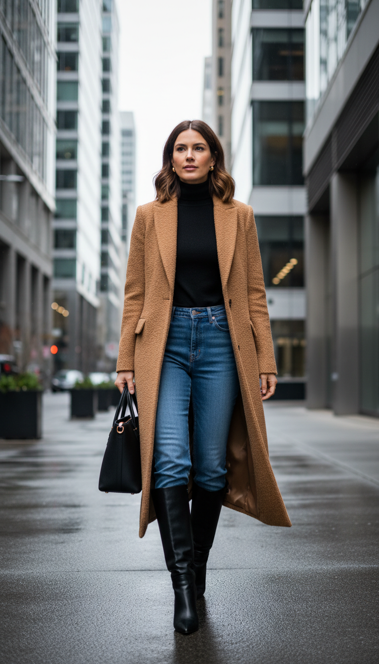 Blue jeans work outfit: Camel Coat, Turtleneck & Knee-High Boots