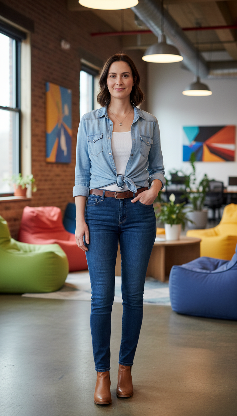 Blue jeans work outfit: Double Denim Done Right
