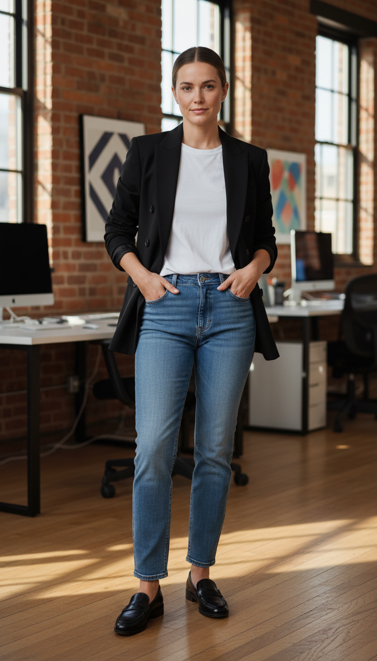 Blue jeans work outfit: Double-Breasted Blazer & Light Wash