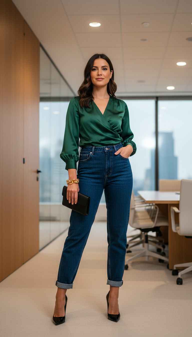 Blue jeans work outfit: Green Satin Wrap Blouse & Dark Denim