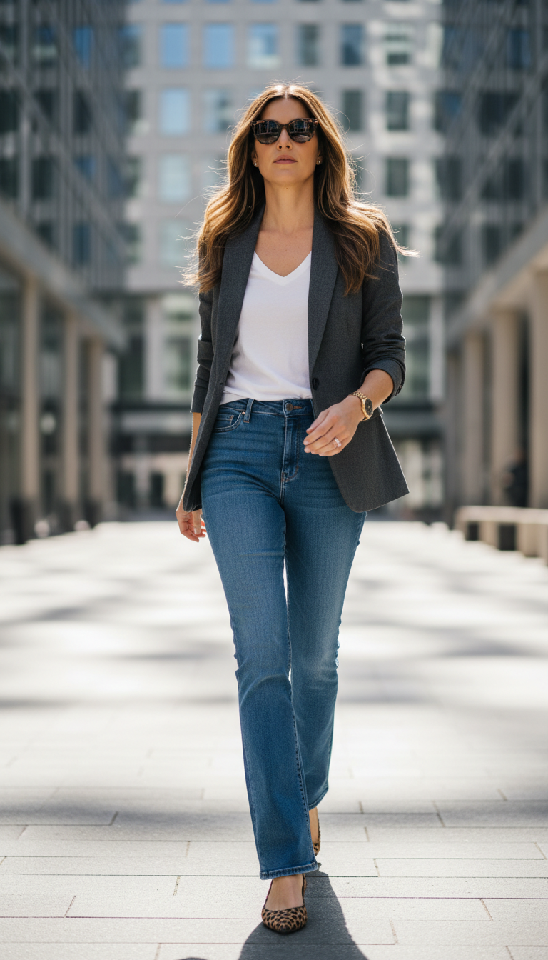 Blue jeans work outfit: Gray Blazer, White Tee & Bootcuts