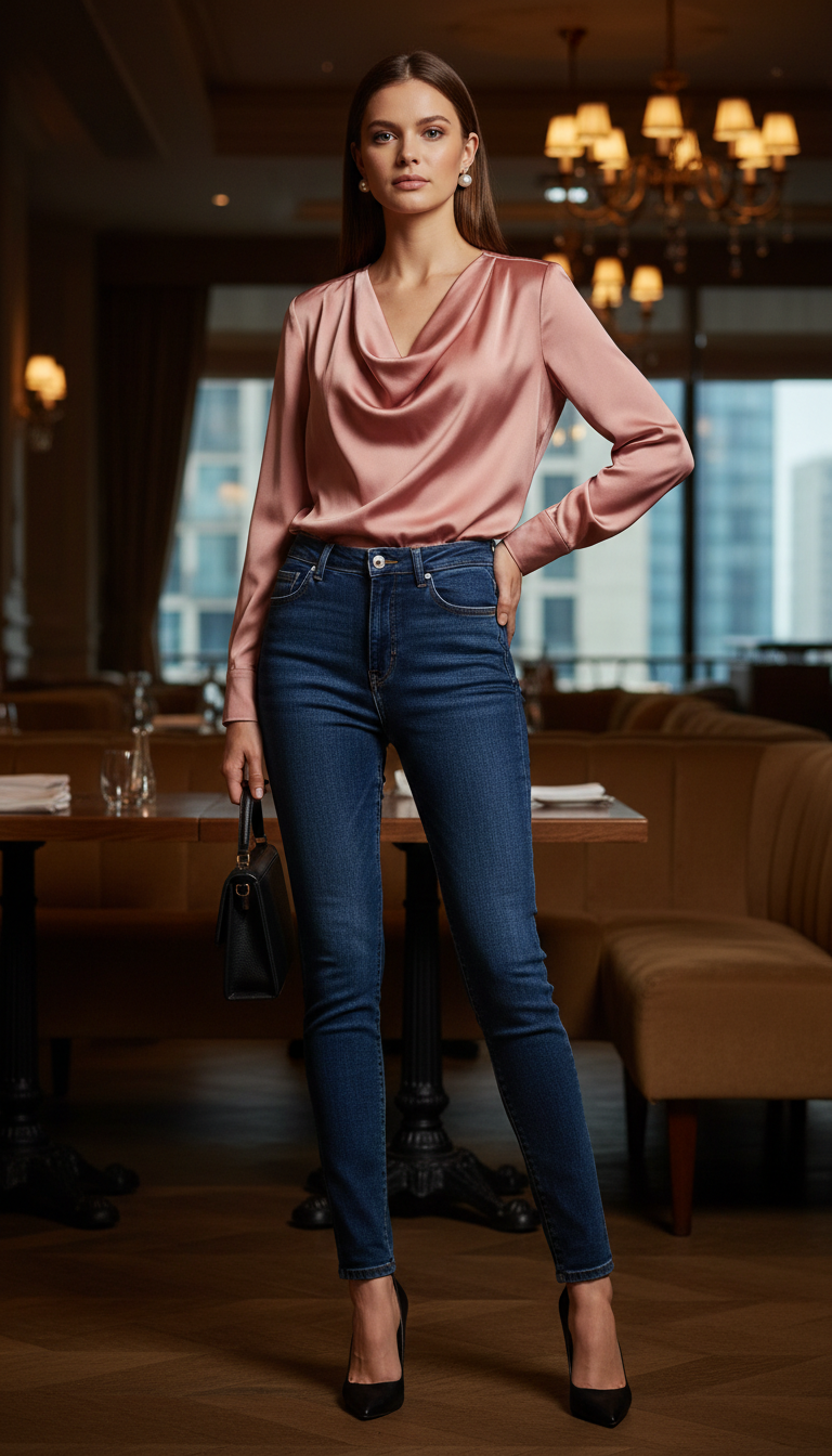 Satin Blouse for After-Hours - blue jeans business casual outfit idea