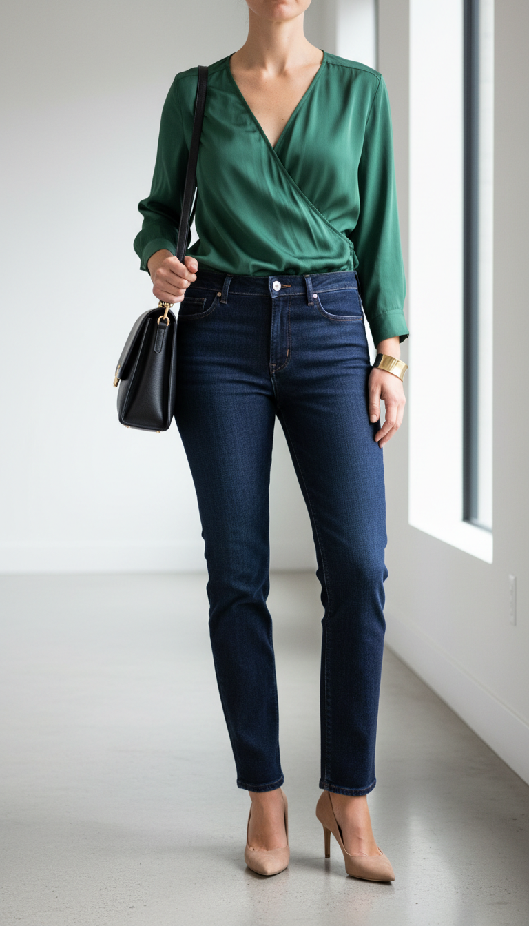 Forest Green Silk Wrap Blouse - blue jeans business casual outfit idea