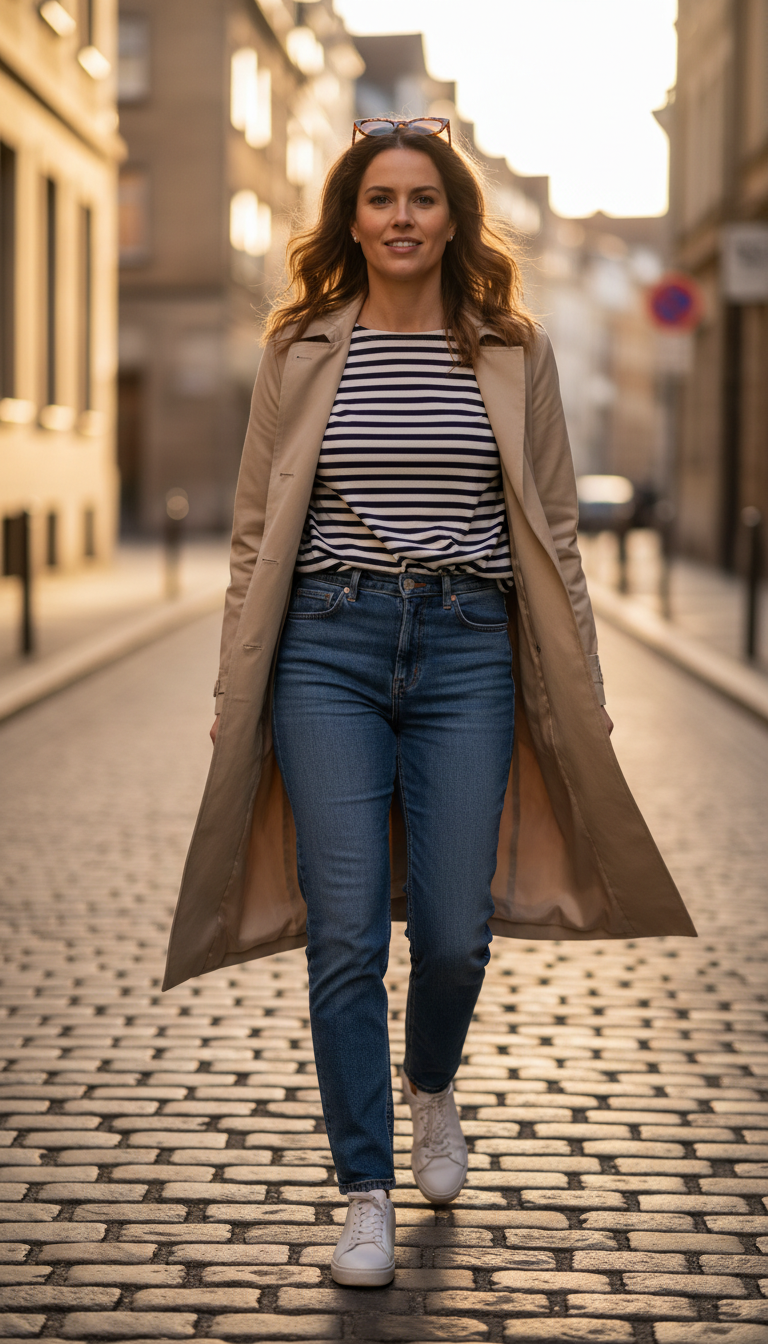 Breton Stripes + Trench Coat - blue jeans business casual outfit idea