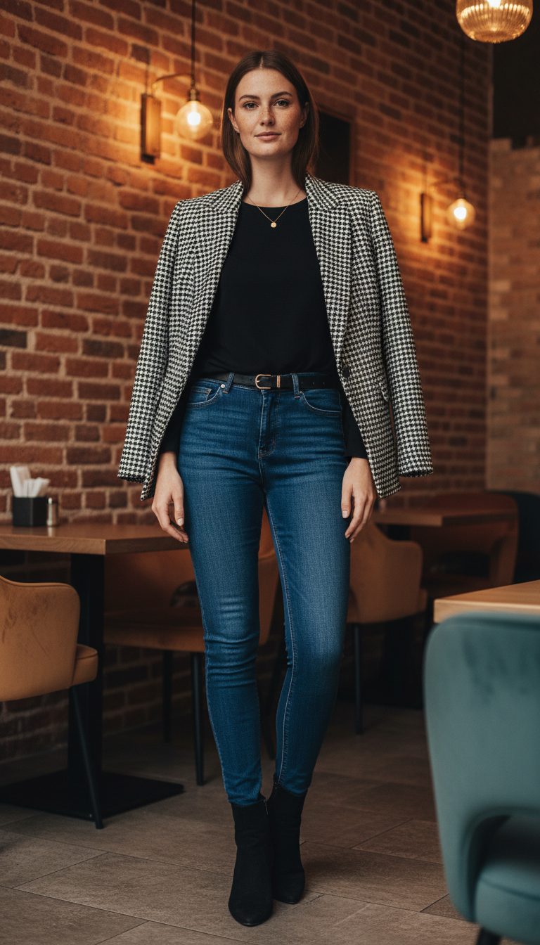 Houndstooth Tweed Blazer Edge - blue jeans business casual outfit idea