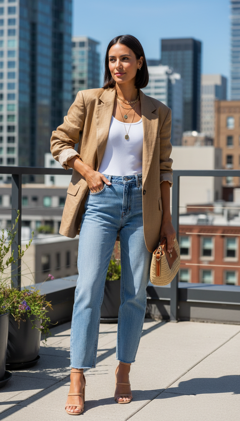 Linen Blazer for Warmer Days - blue jeans business casual outfit idea