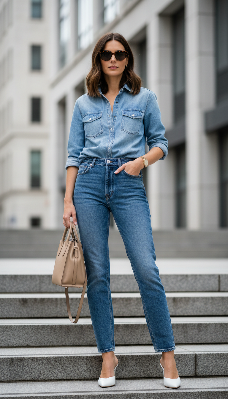 The Confident Double Denim - blue jeans business casual outfit idea