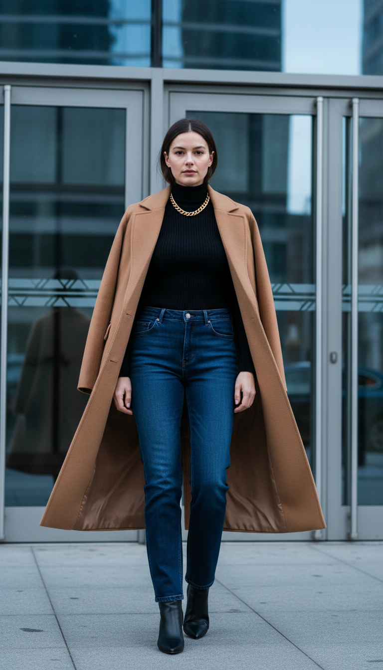 The Long Coat Statement - blue jeans business casual outfit idea