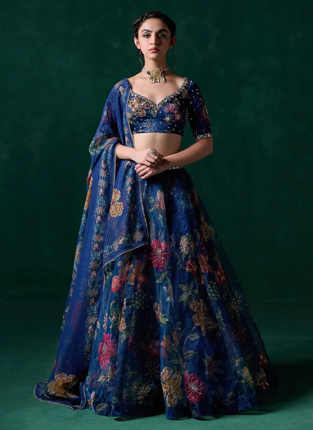 Dark blue floral lehenga