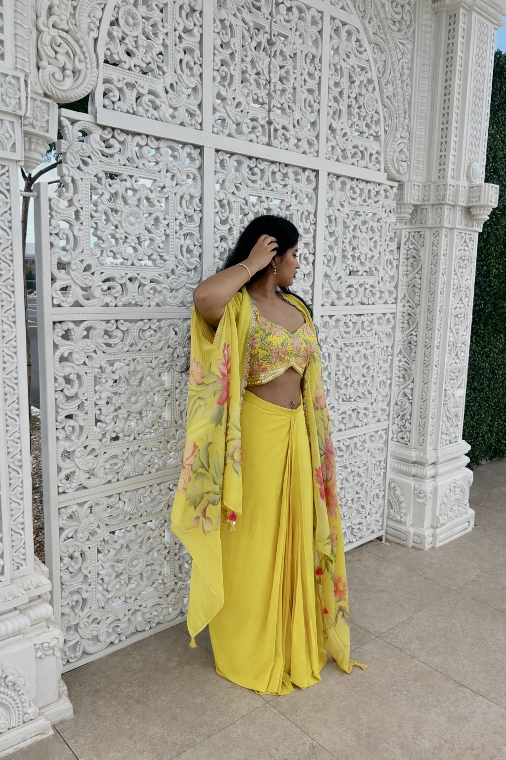 Yellow pre draped saree