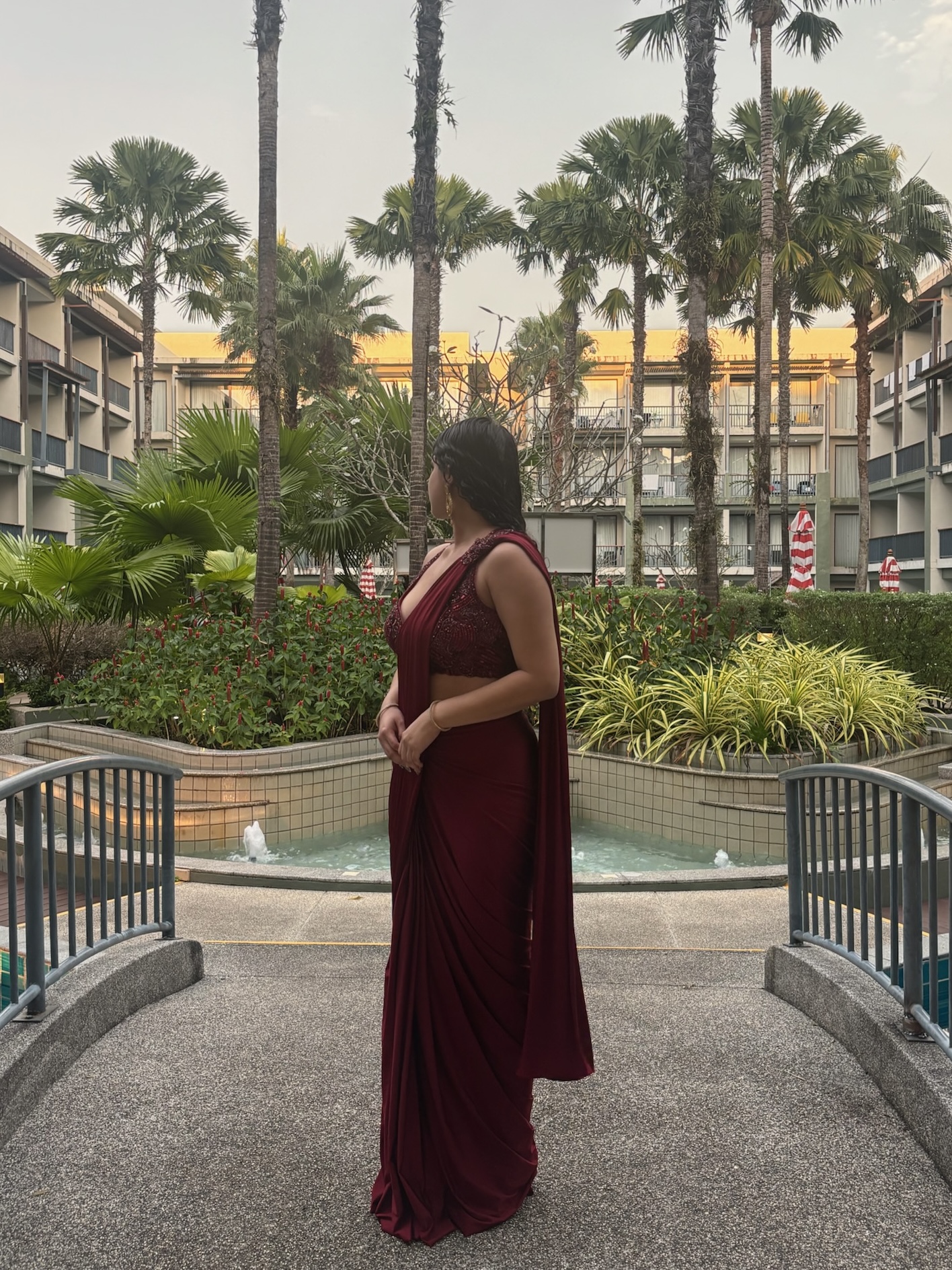 Burgundy satin readymade saree