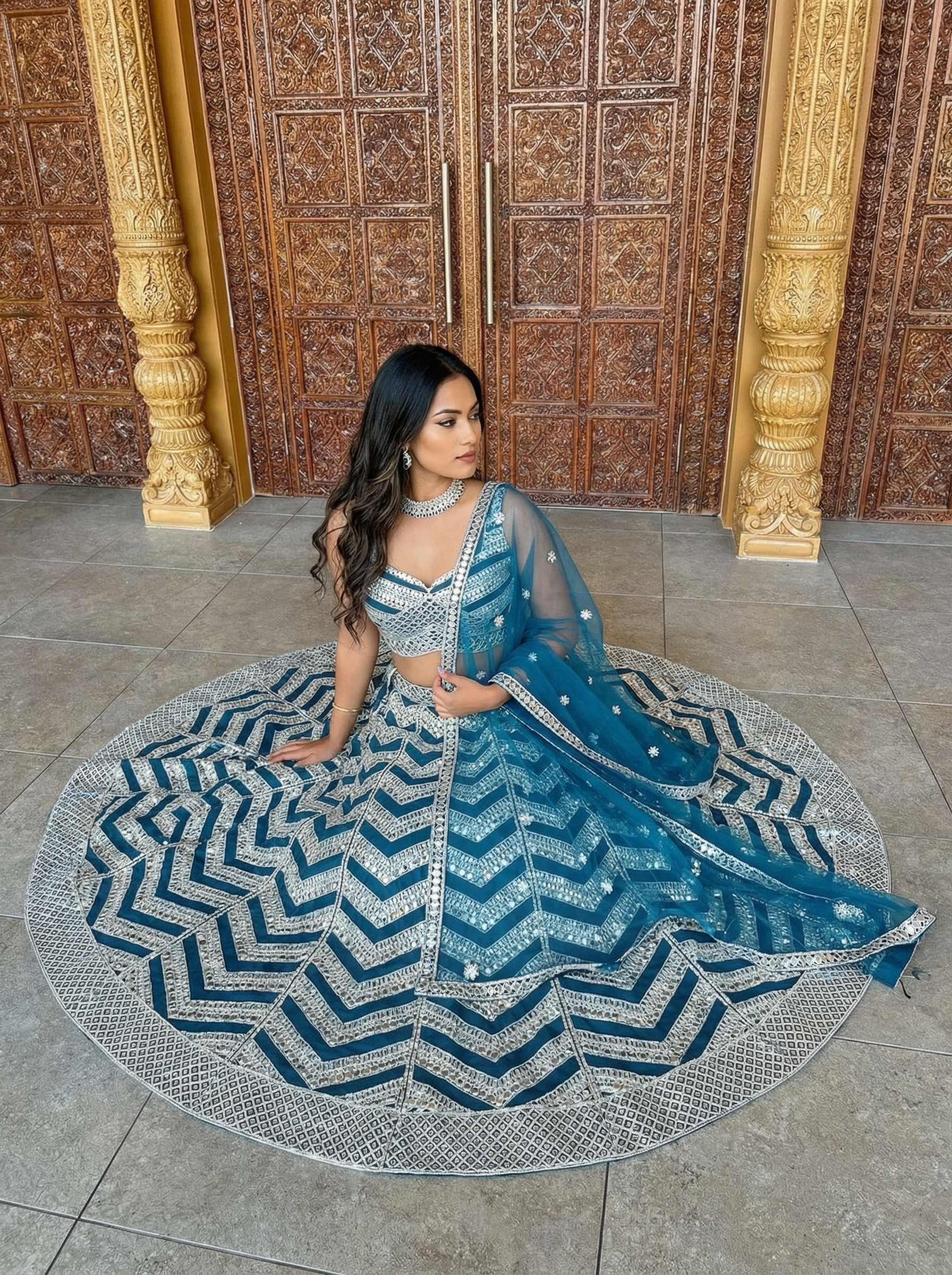 Navy blue mirror work lehenga