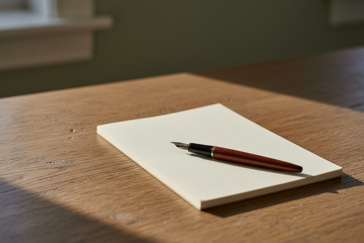 Dettaglio di scrivania con quaderno e penna