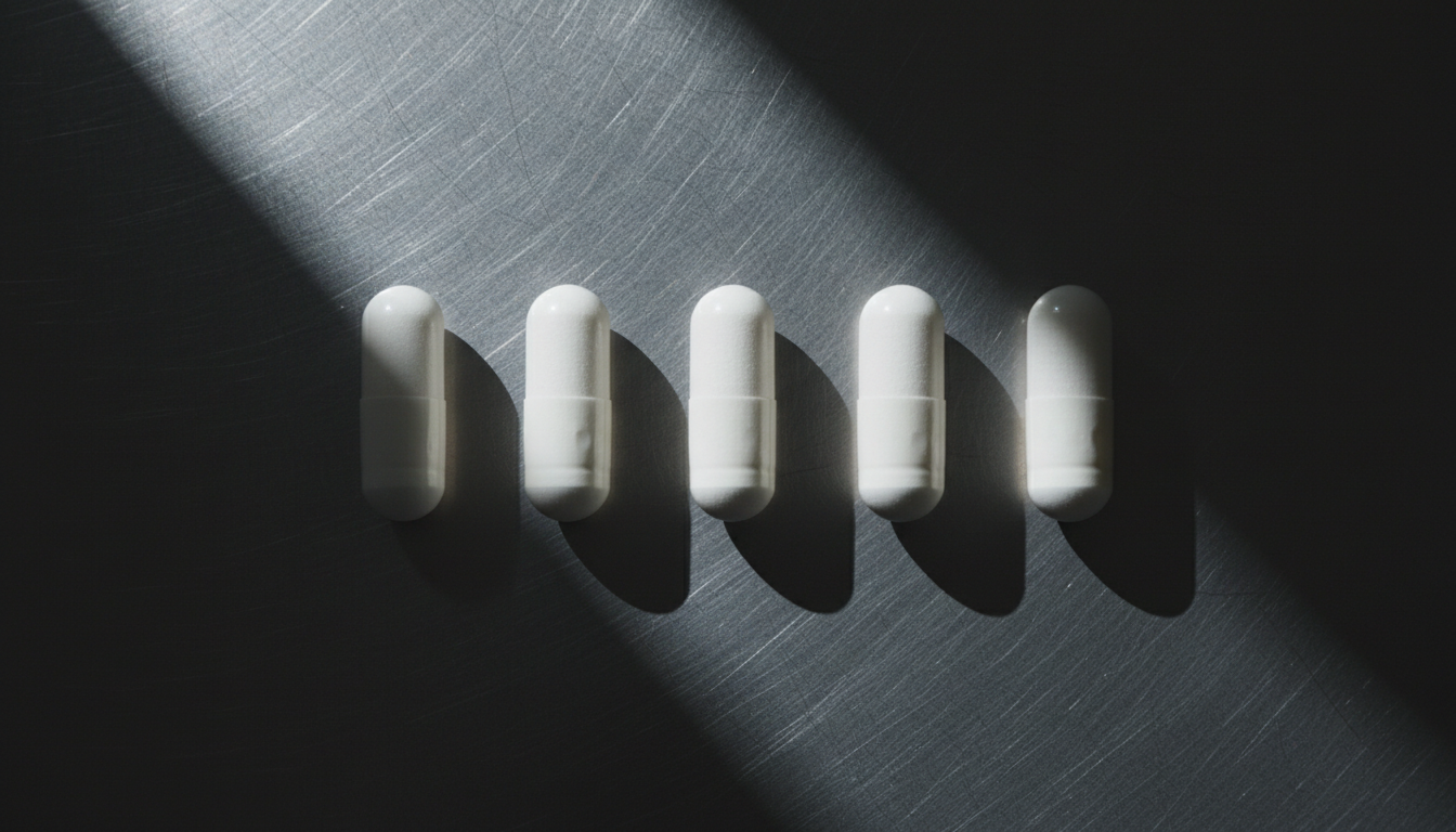 Controllo qualità — capsule allineate su superficie in acciaio