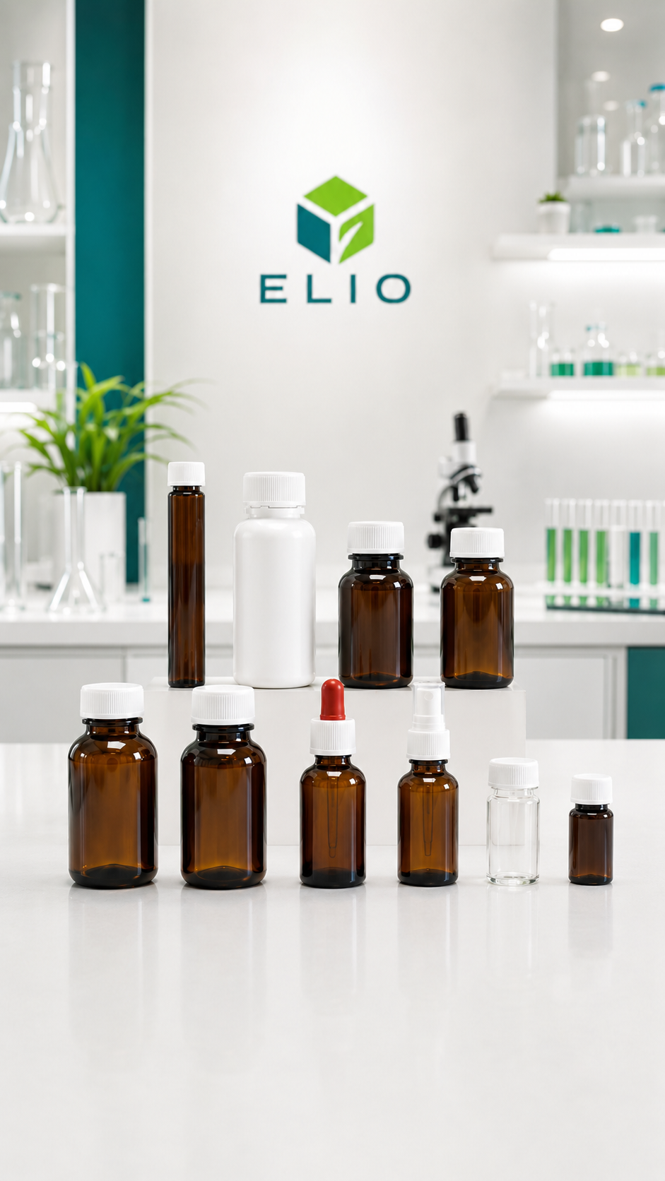 Confezionamento ELIO — flacone in vetro inserito nel packaging