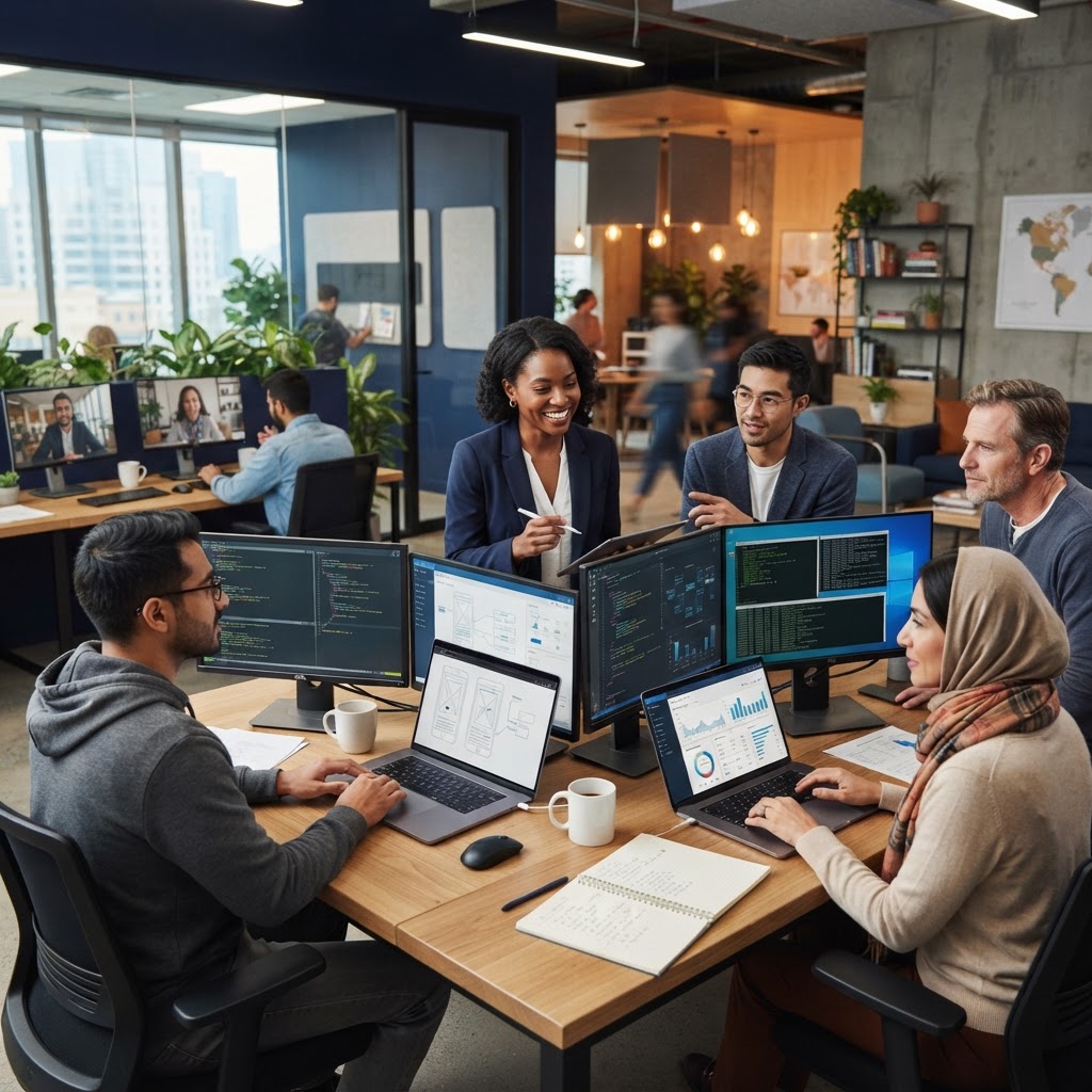 Equipo multicultural de Rosaliou Pay: developers, compliance y producto en workspace moderno