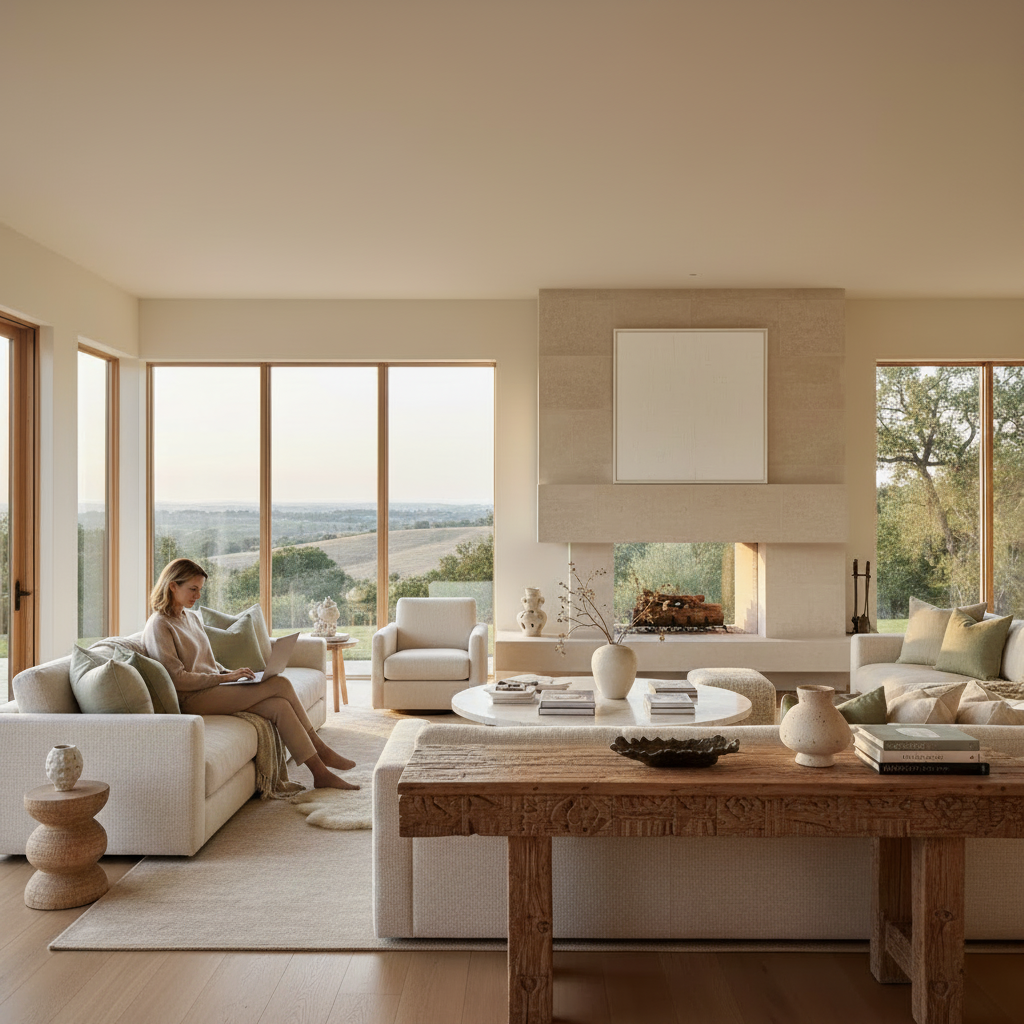 Woman working on a laptop in a sun-drenched Clements Design-style living room with large windows