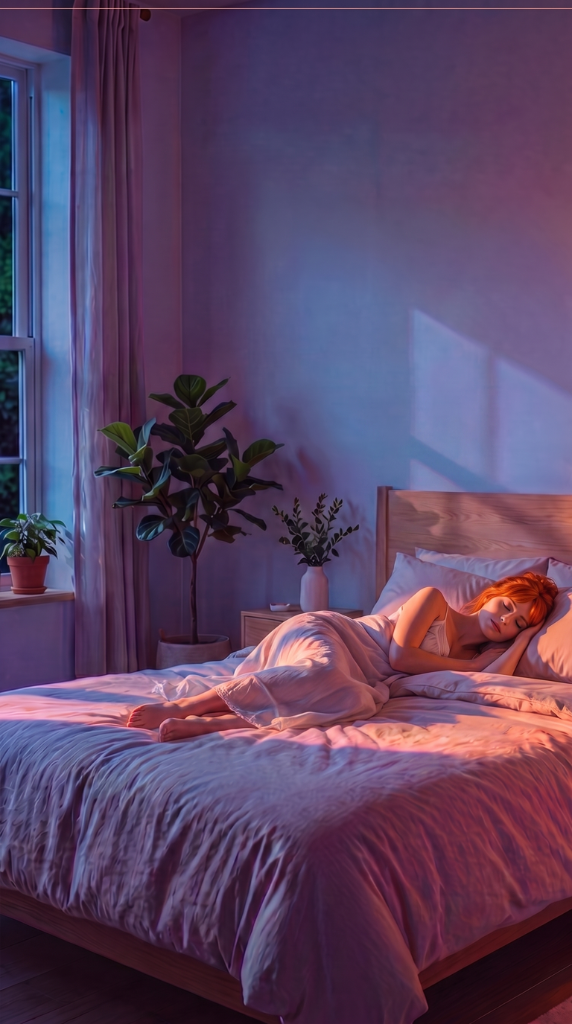 Peaceful nighttime bedroom scene in soft moonlight, capturing the calm mood of relaxing sleep music