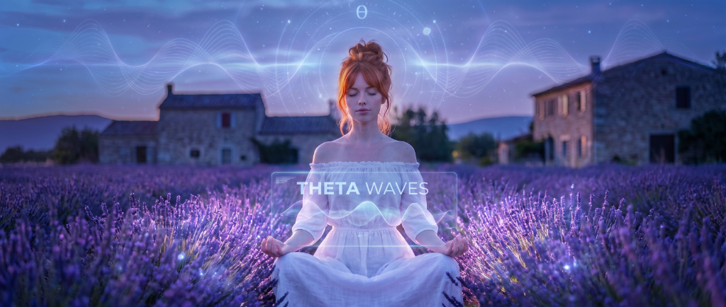 Dreamlike twilight scene between waking and sleep, representing the meditative theta brainwave state