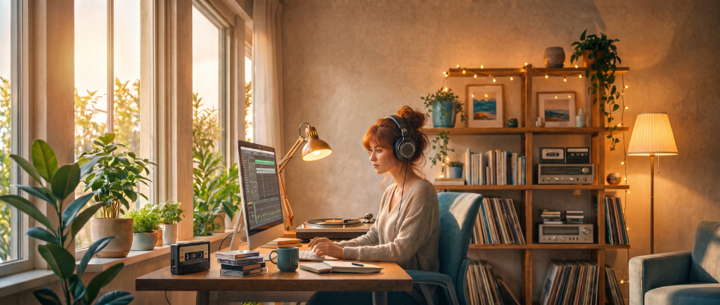 Cozy room with warm light and soft analog atmosphere, capturing the nostalgic lo-fi music aesthetic