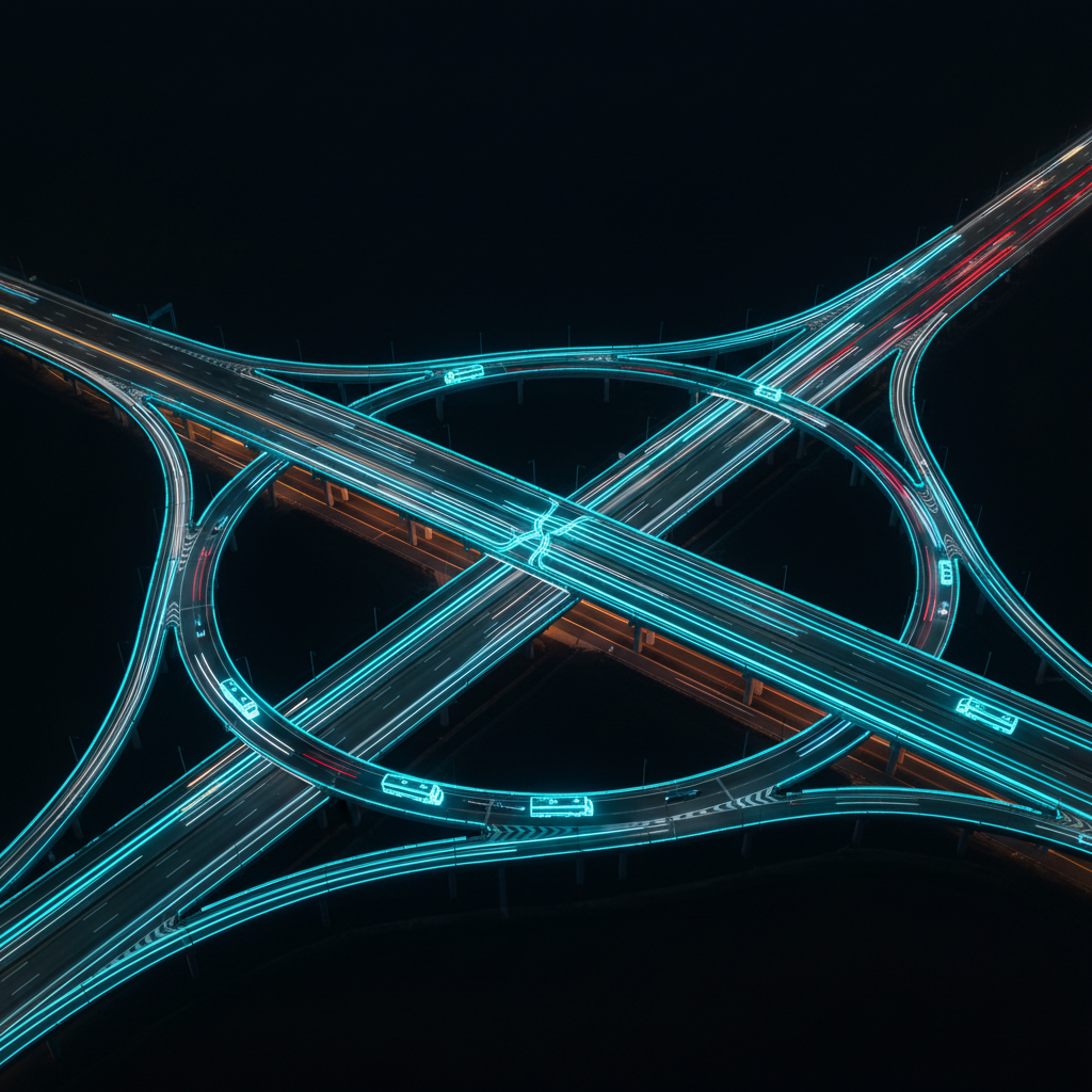 Highway interchange at twilight with glowing telematics data trails
