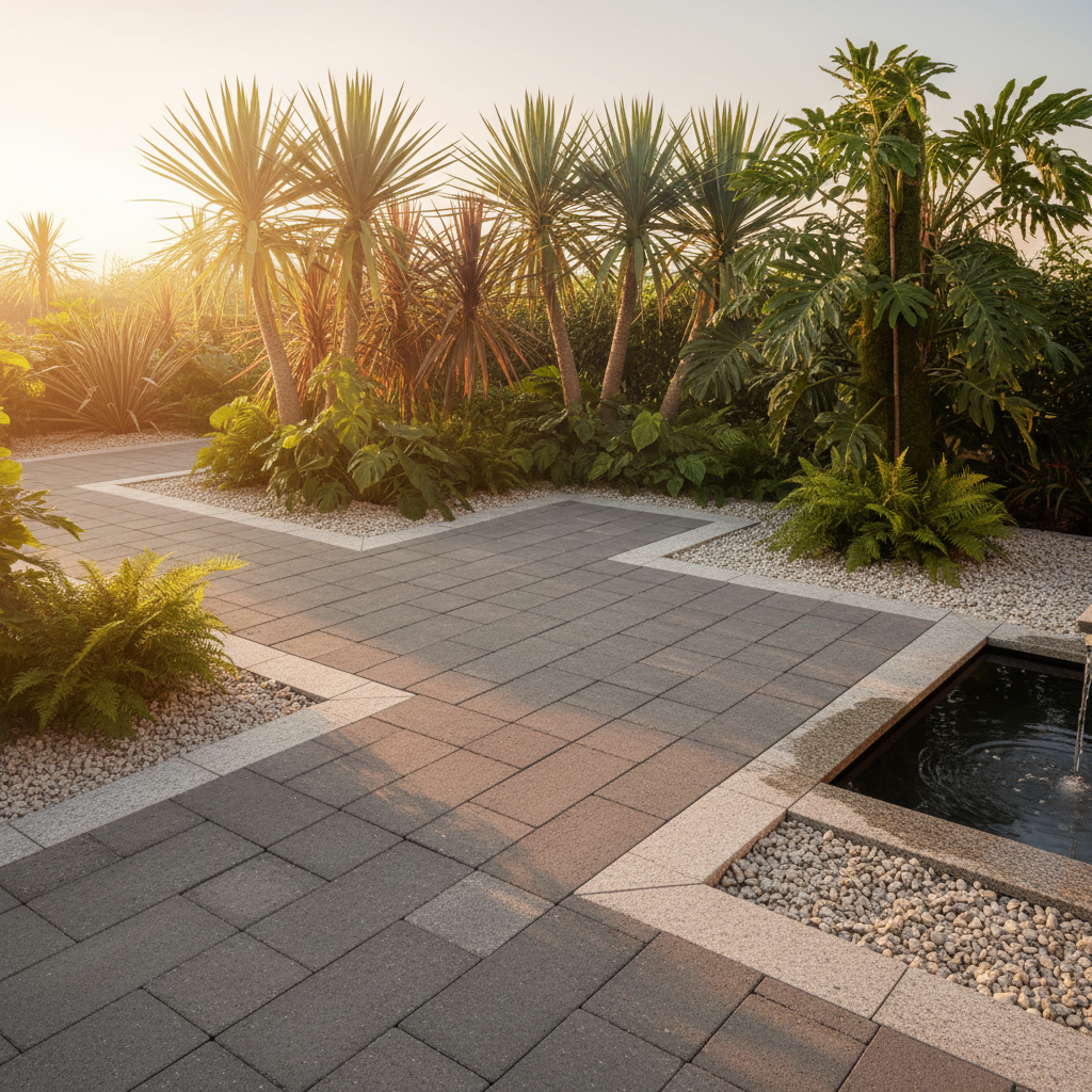 Terrasse en béton drainant avec massifs de plantes exotiques