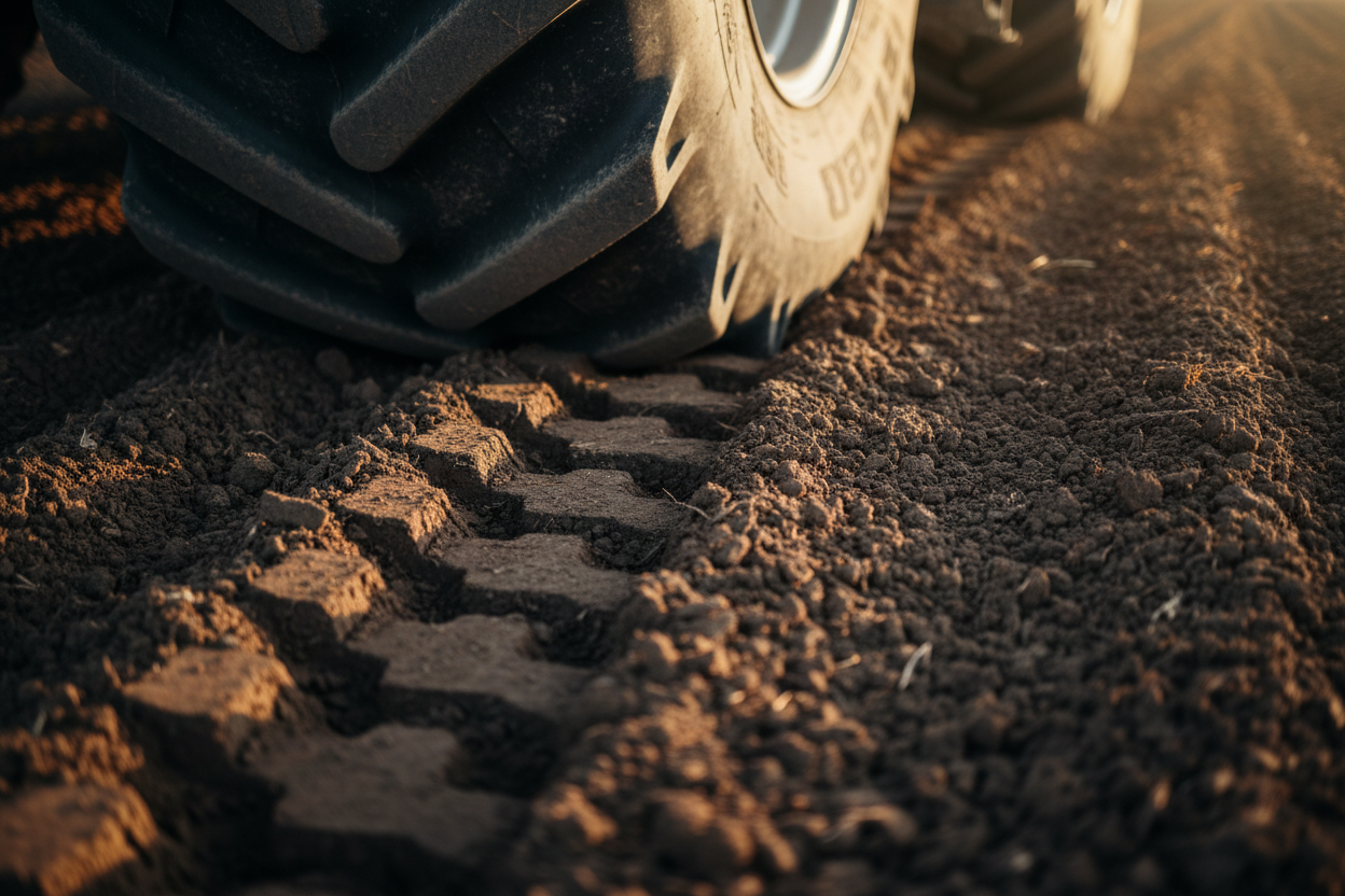 Empreintes de pneus de tracteur dans un sol fertile