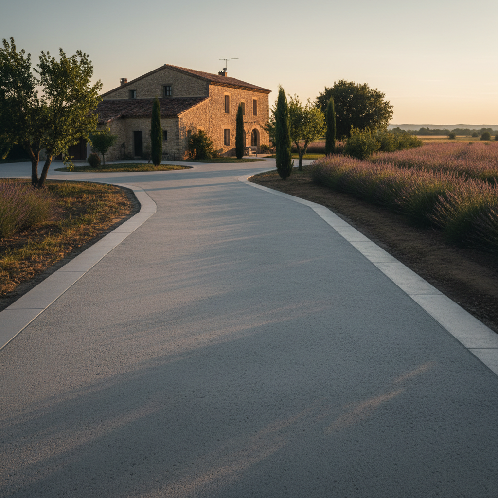 Allée en béton drainant neuve, lumière rasante dorée