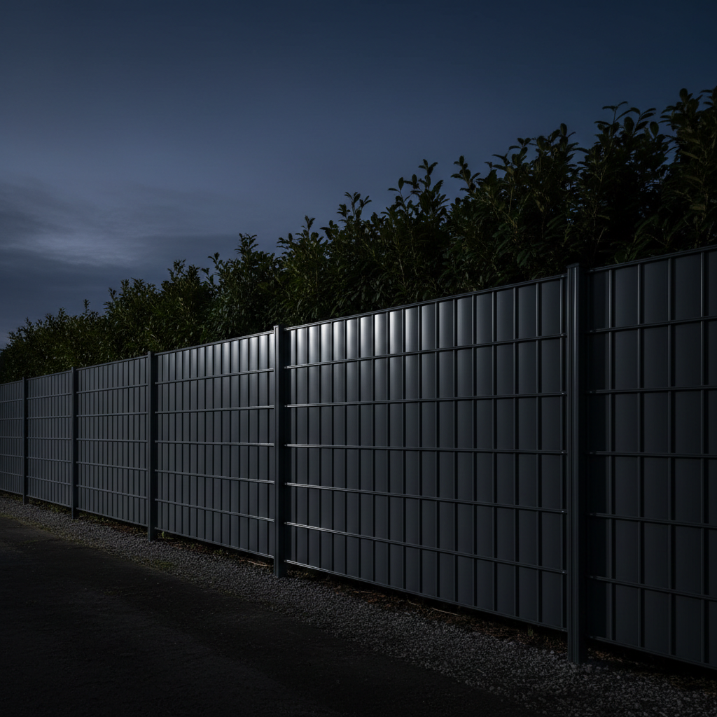 Clôture anthracite rigide installée au crépuscule, éclairage dramatique