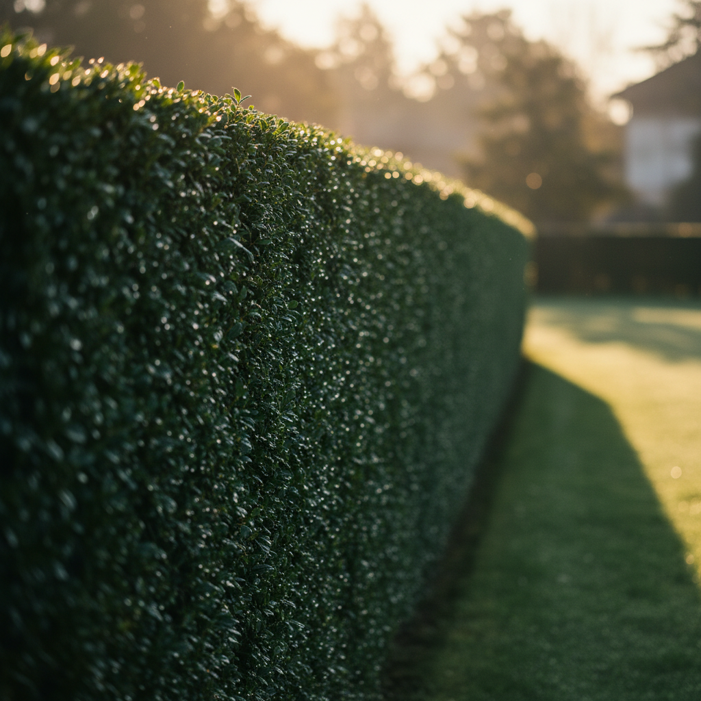 Haie parfaitement taillée au lever du soleil, géométrie nette