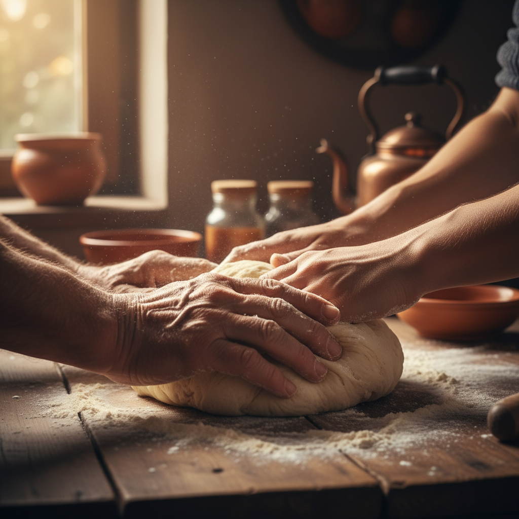 Mains pétrissant la pâte sur une table enfarinée