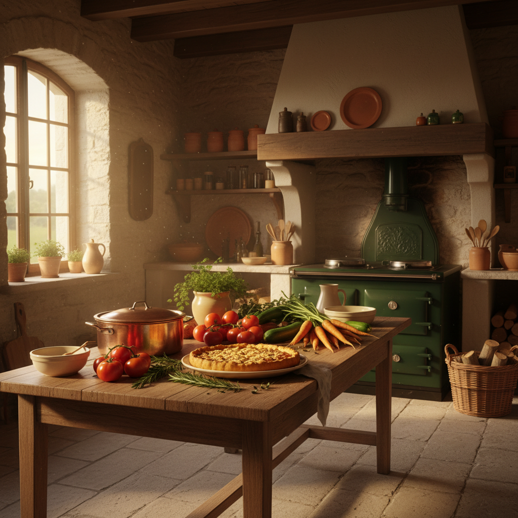 Cuisine auvergnate rustique baignée de lumière dorée