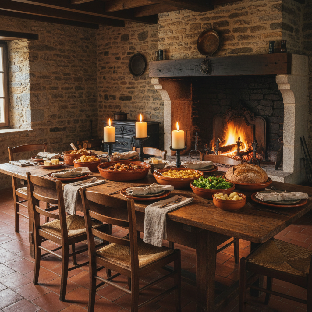 Table de cuisine rustique dressée pour un repas familial