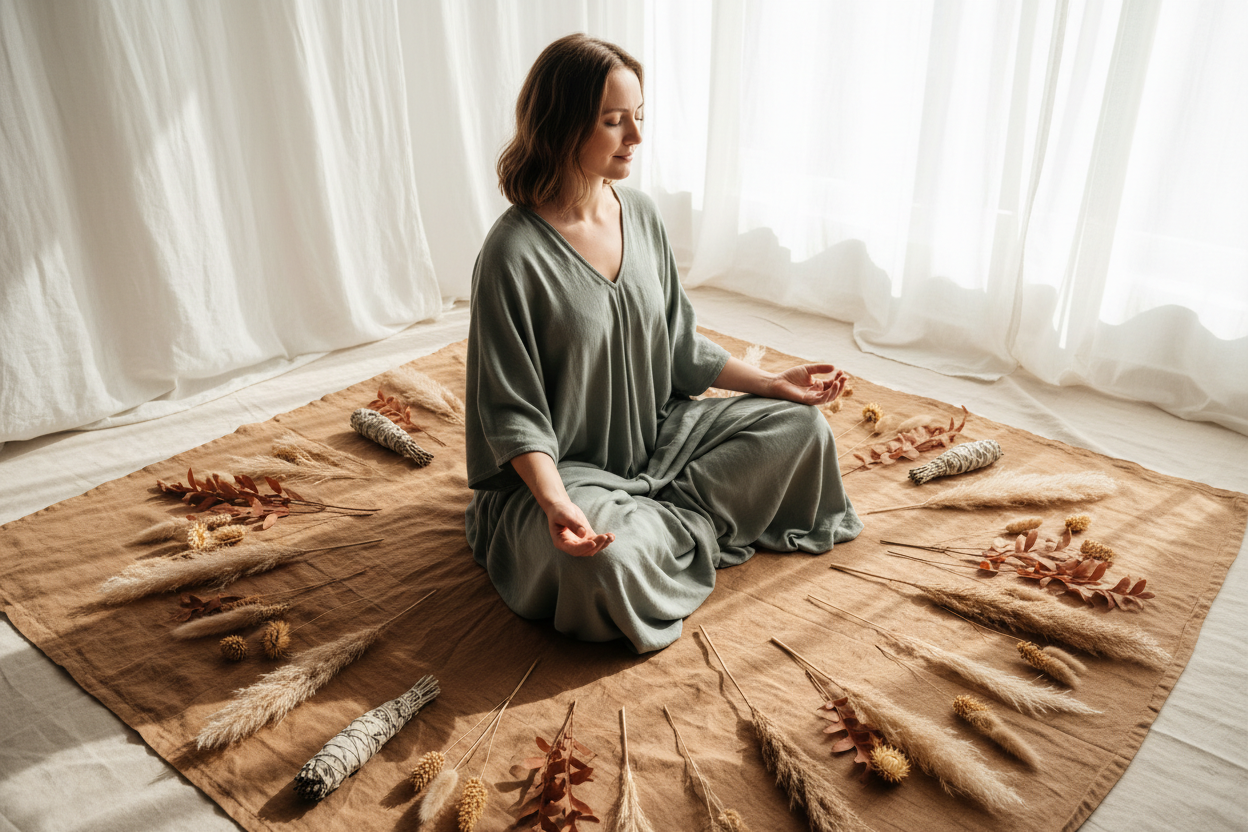 Frau in Meditation umgeben von Botanik und sanftem Morgenlicht