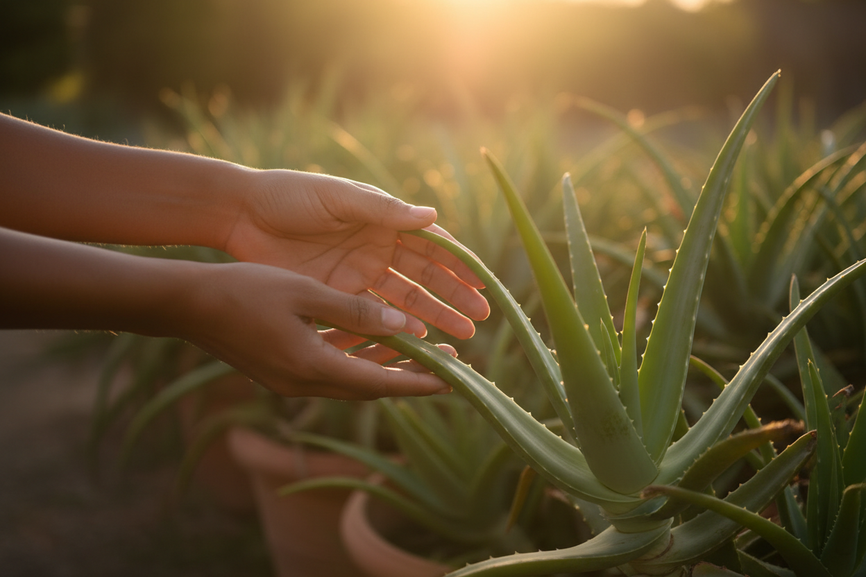 Hände berühren sanft ein Aloe Vera Blatt im Sonnenlicht