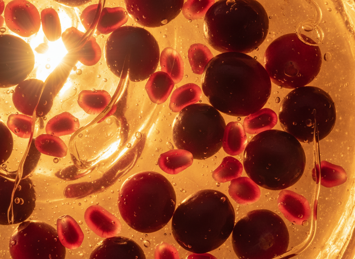 Makroaufnahme von Beeren in goldenem Aloe Vera Gel