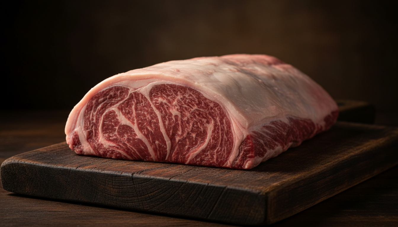 Corte premium de carne bovina sobre tábua de madeira rústica